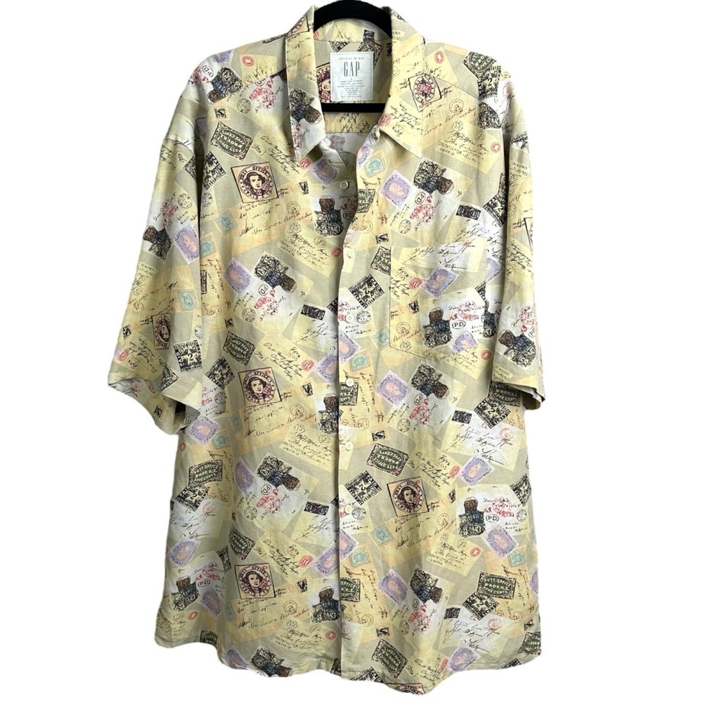 Vintage GAP Size Large Oversized Postcard Button Down Hawaiian Shirt Linen 90s